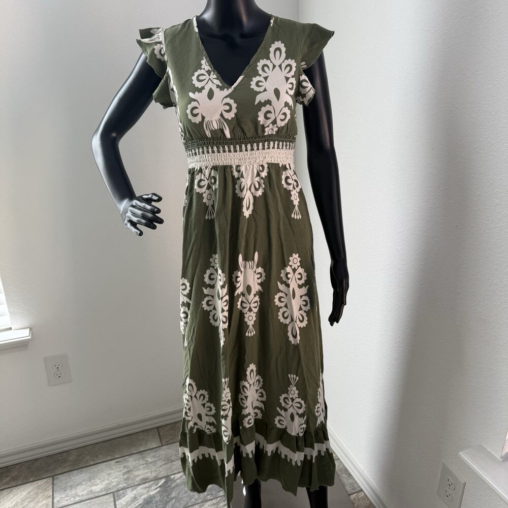 Emery Rose Olive Green Boho Maxi Dress Smocked Waist Flutter Cap Sleeve S